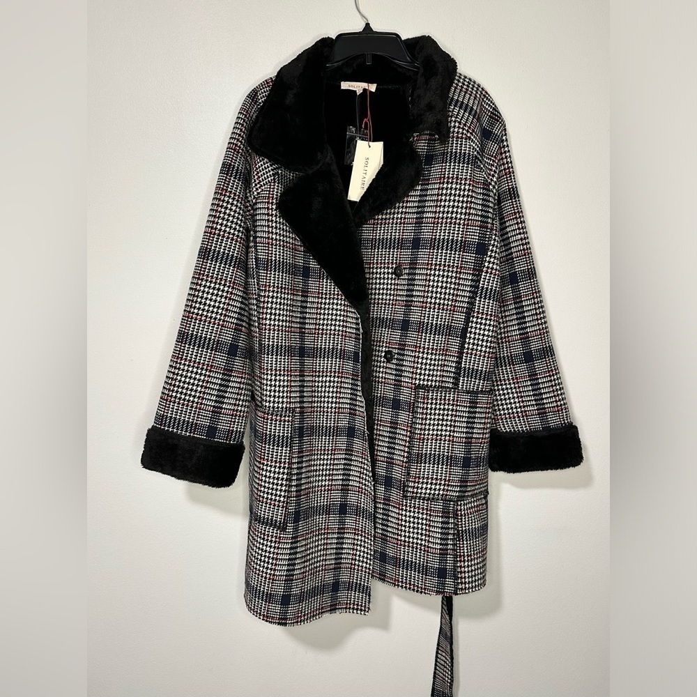 Solitaire Twill & Faux Fur Convertible Faux Sherpa Lined Pocket Jacket Belt Coat - Picture 3 of 7